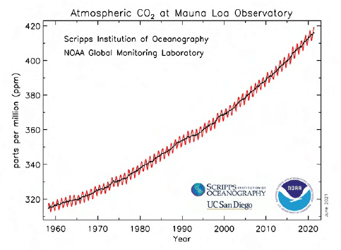 Figura 3. Curva de Keeling de incremento de la concentración de CO2 en Observatorio de Mauna Loa. Fuente: NOOA. Global Monitoring Laboratory. Septiembre 2021
